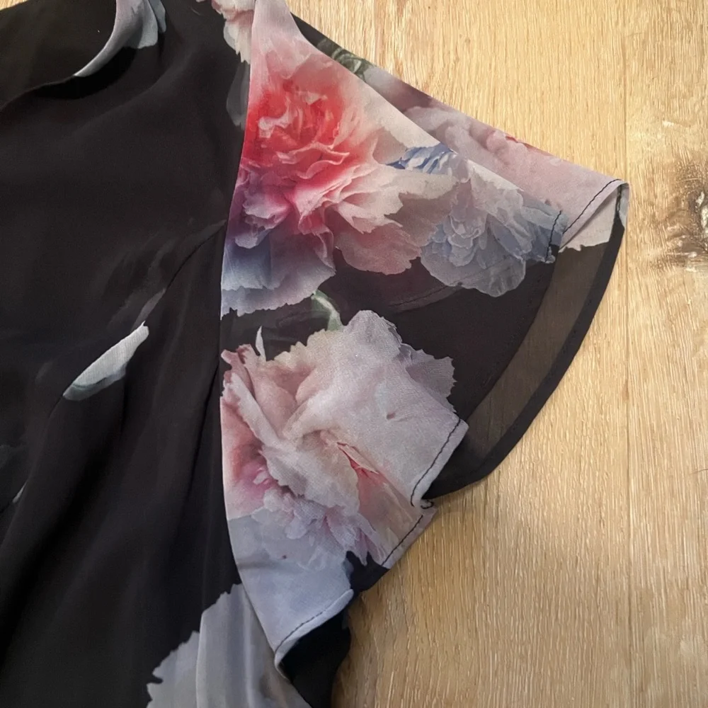 Adriana Papell Floral Black Jumpsuit with sheer attached skirt 18W